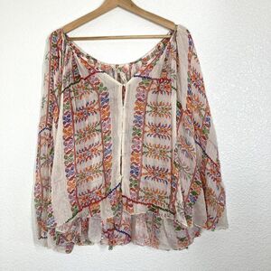 Free People One Blouse Womens Medium Boho Peasant Bell Sleeve Floral Sheer
